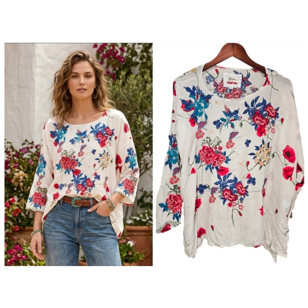 Johnny Was Biya Silk Embroidered Floral Kanchi Blouse Womens Medium White Flowy